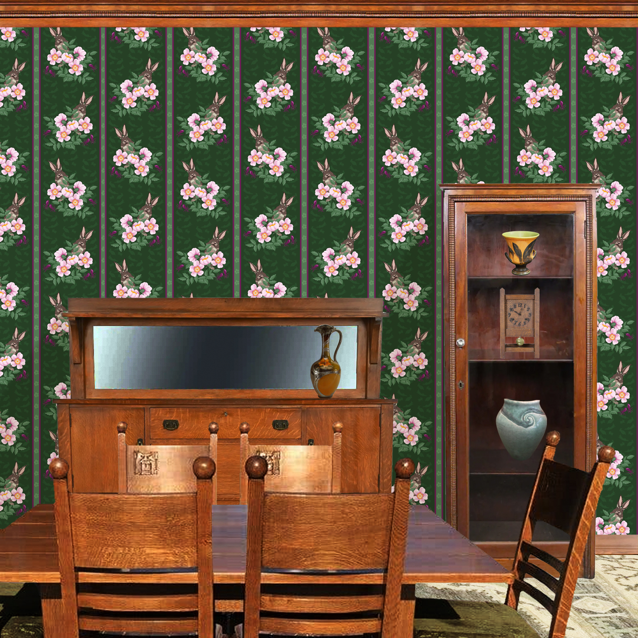 v The wallpaper design is shown in a Mission style dining room.